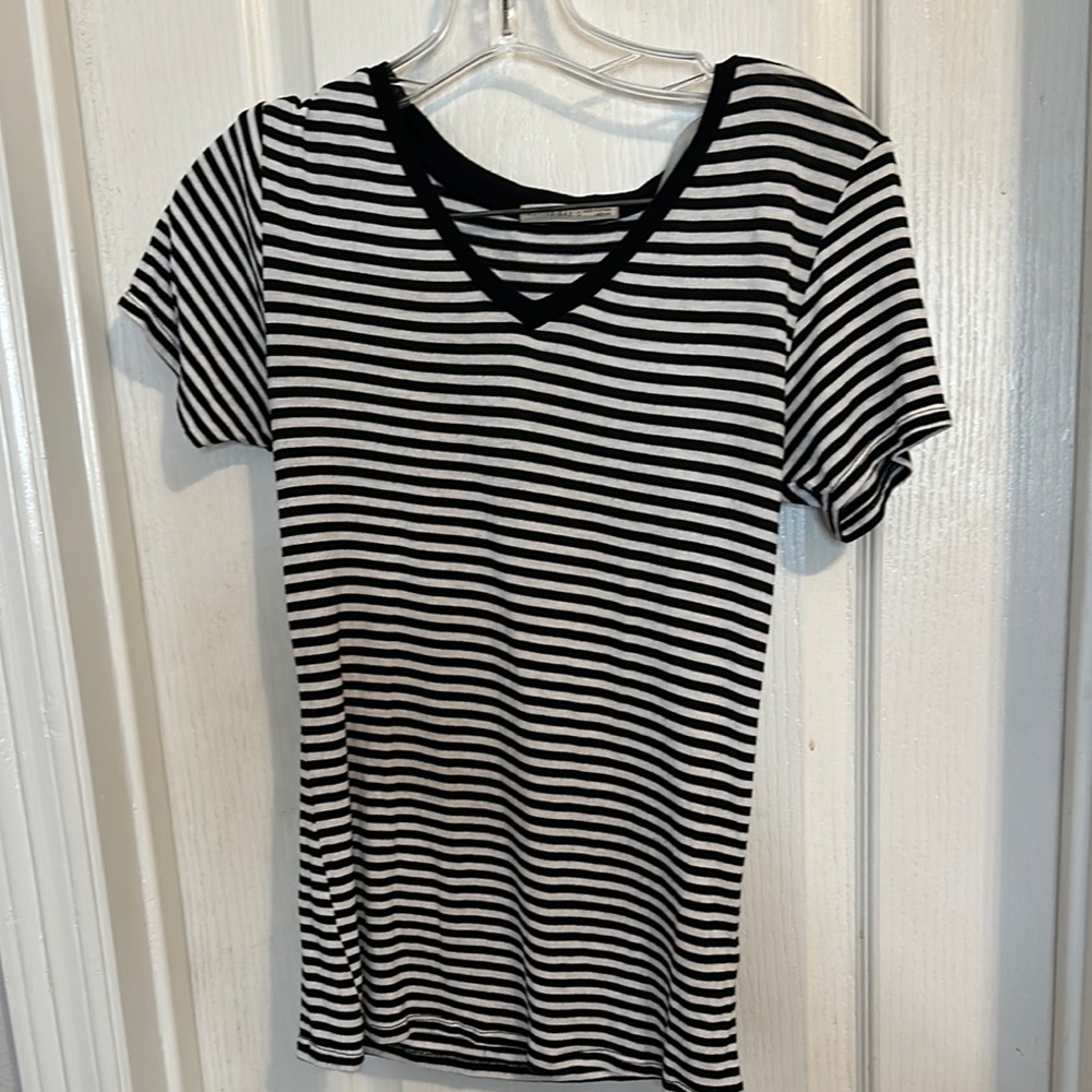 Black and White Striped V-Neck Women's Top